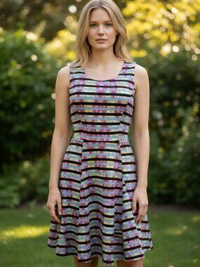 My Michelle Dress Size 5 Fit Flare Striped Floral Sleeveless Multicolor